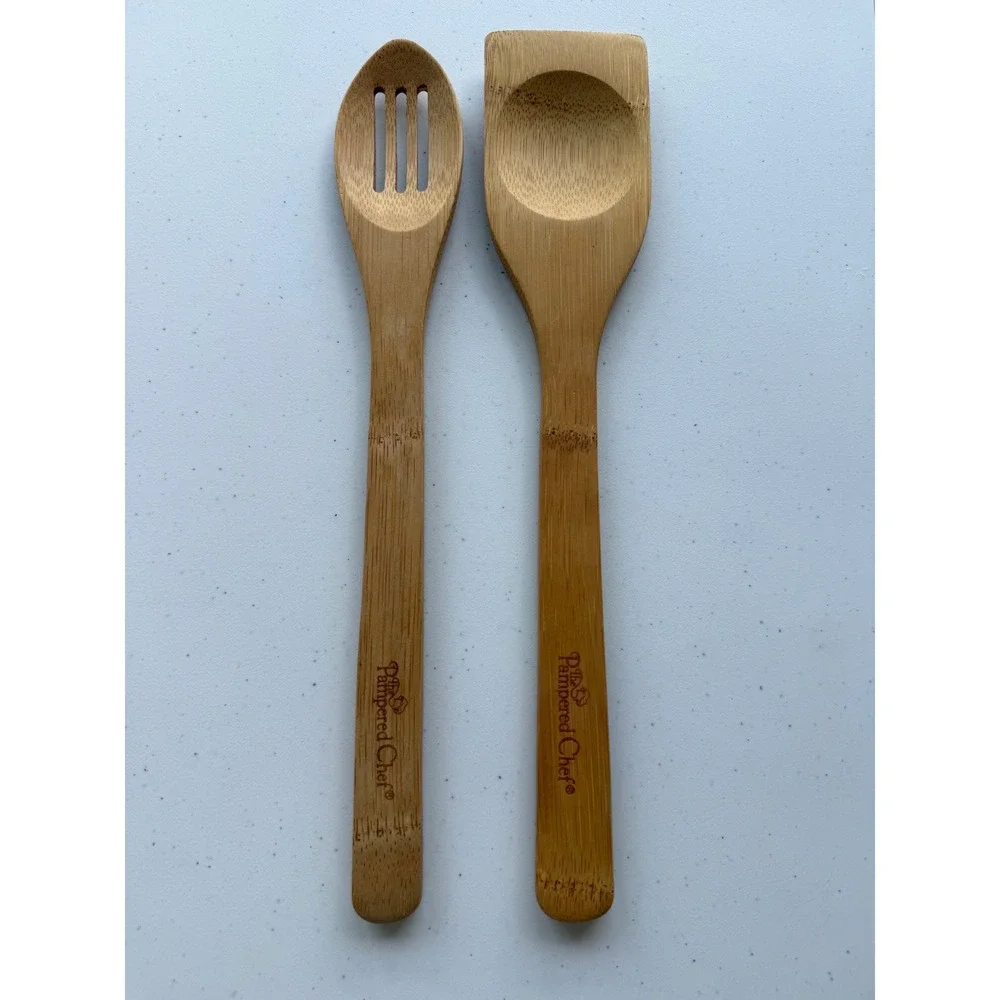 Vintage Pampered Chef Bamboo Wooden Spoons Set of 2 Slotted Kitchen Utensils 12